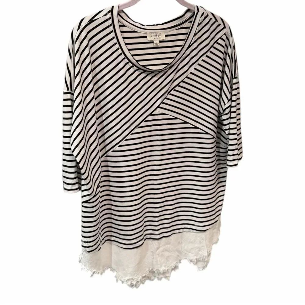Umgee Striped Long Sleeve Top with Lace Hem